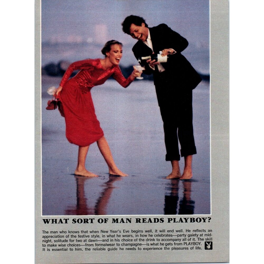 1981 What Sort of Man Reads Playboy Vintage Print Ad Champagne on Beach Wall Art